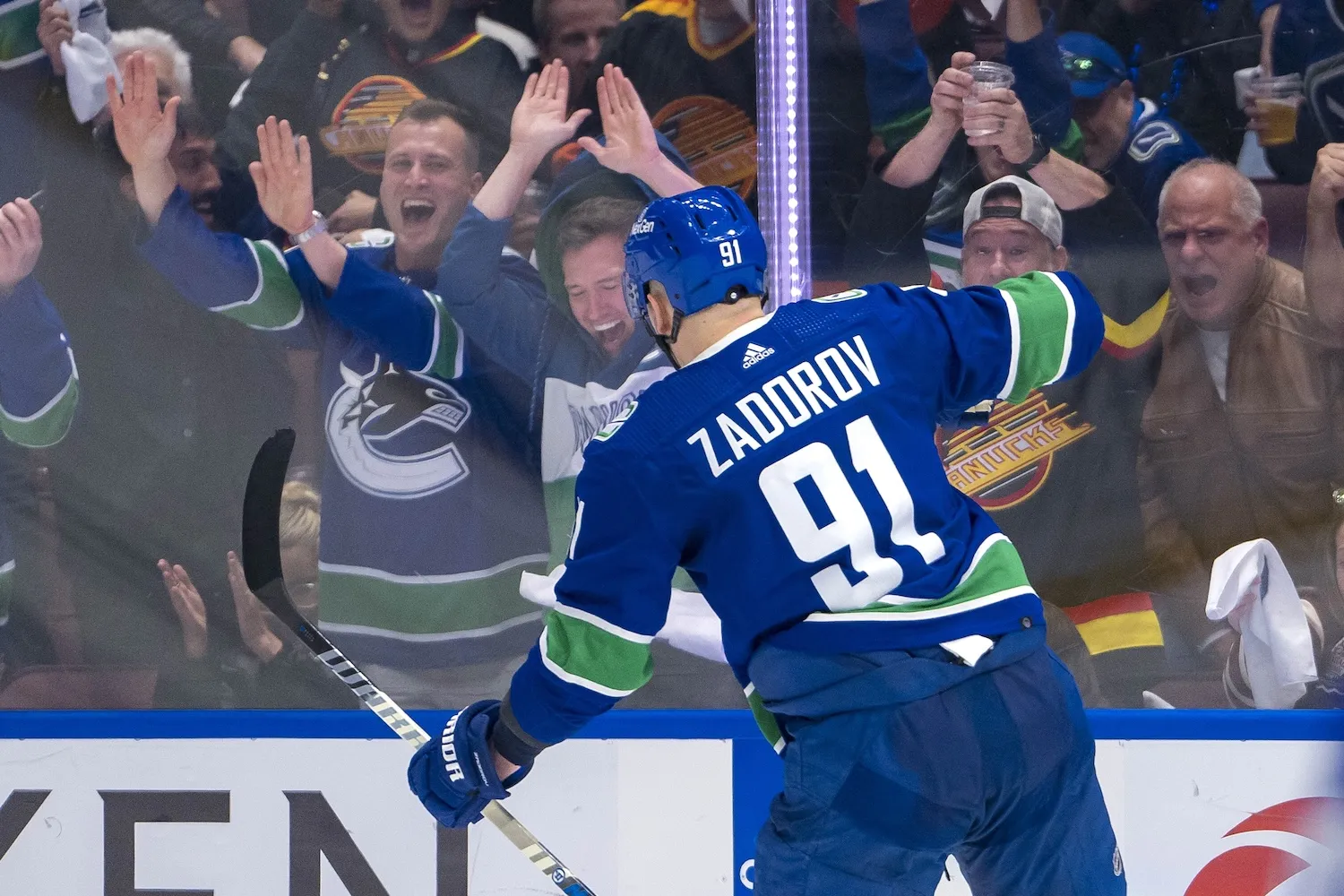 May 8, 2024; Vancouver, British Columbia, CAN; Vancouver Canucks defenseman Nikita Zadorov (91) celebrates his goal against the Edmonton Oilers during the third period in game one of the second round of the 2024 Stanley Cup Playoffs at Rogers Arena. Mandatory Credit: Bob Frid-USA TODAY Sports