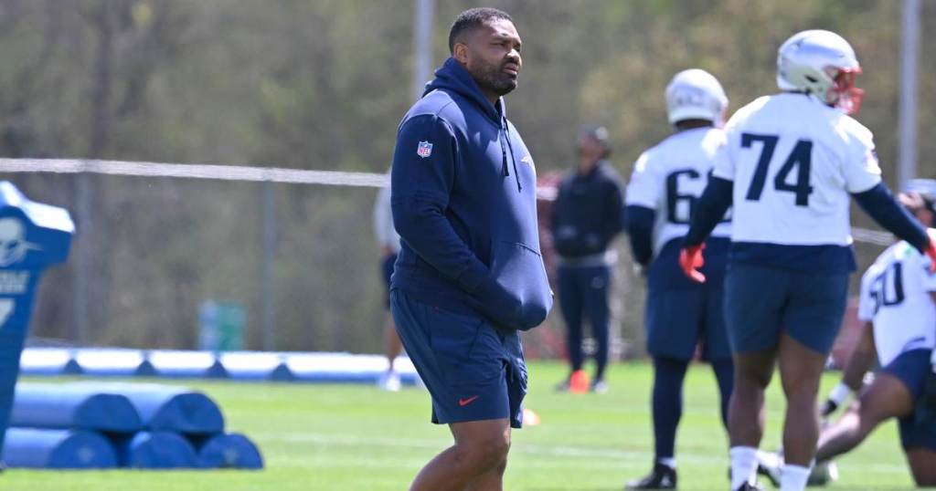 May 11, 2024; Foxborough, MA, USA; New England Patriots head coach Jerod Mayo watches practice at the New England Patriots rookie camp at Gillette Stadium. Mandatory Credit: Eric Canha-USA TODAY Sports Training camp