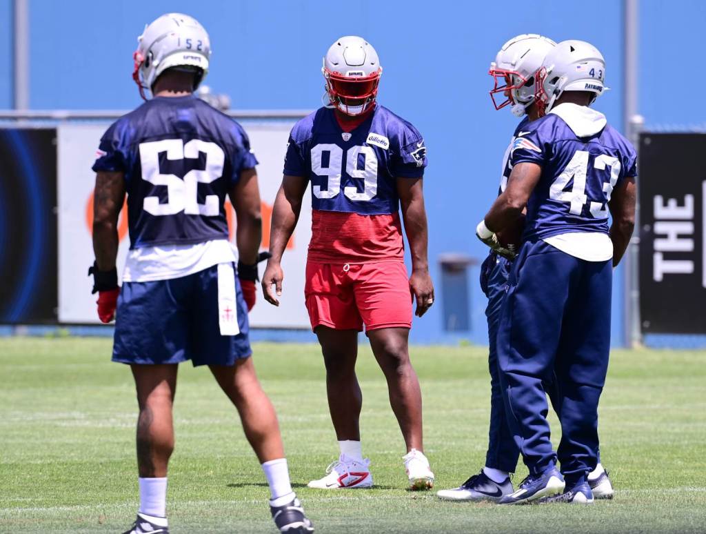 Jun 10, 2024; Foxborough, MA, USA; New England Patriots defensive end Keion White (99) works with the defense at minicamp at Gillette Stadium. Credit: Eric Canha-USA TODAY Sports