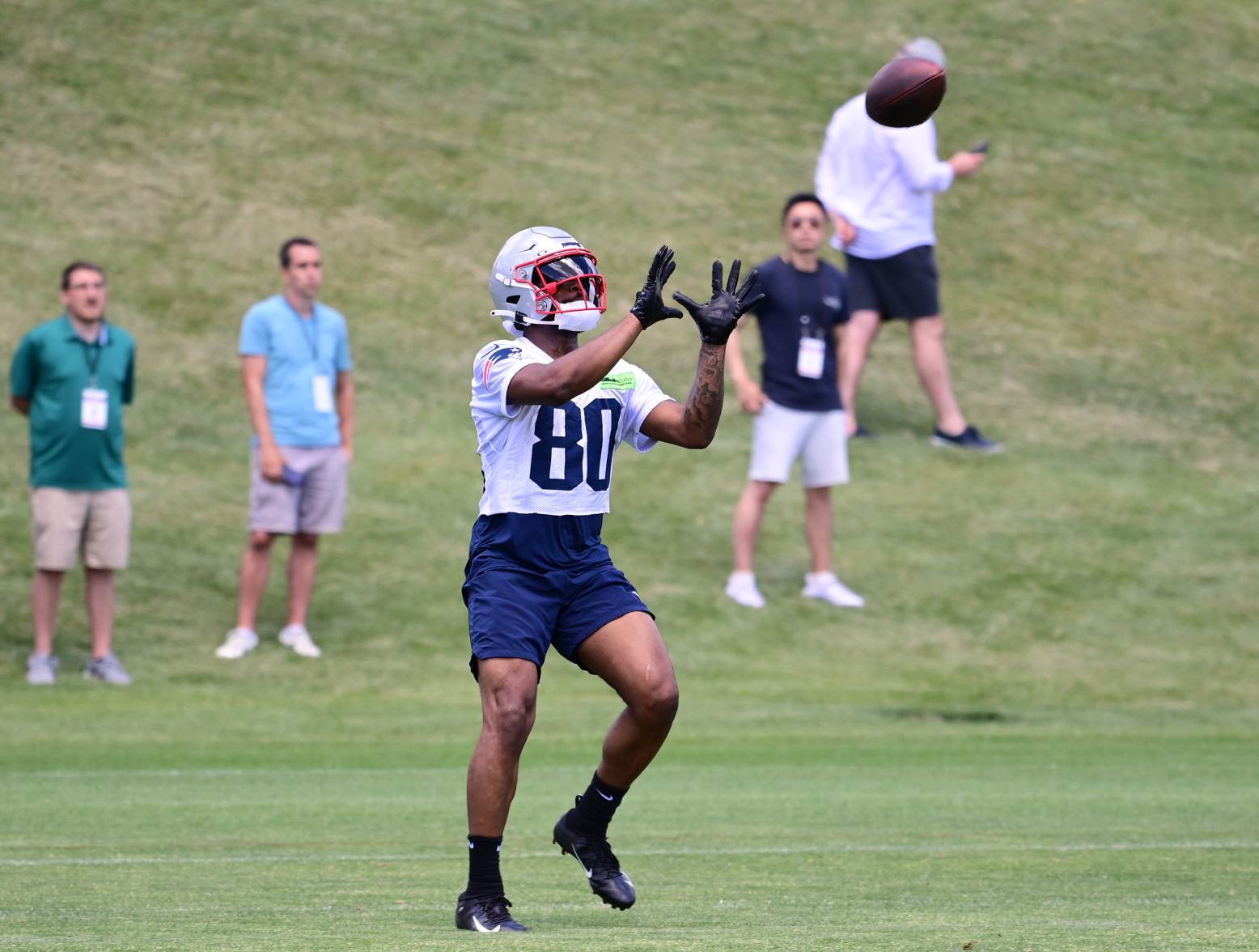Jun 10, 2024; Foxborough, MA, USA; New England Patriots wide receiver Kayshon Boutte (80) makes a catch at minicamp at Gillette Stadium. Credit: Eric Canha-USA TODAY Sports