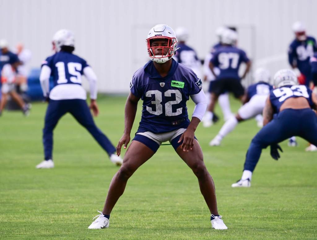 Jun 12, 2024; Foxborough, MA, USA; New England Patriots safety Jaylinn Hawkins (32) works out at minicamp at Gillette Stadium. Credit: Eric Canha-USA TODAY Sports