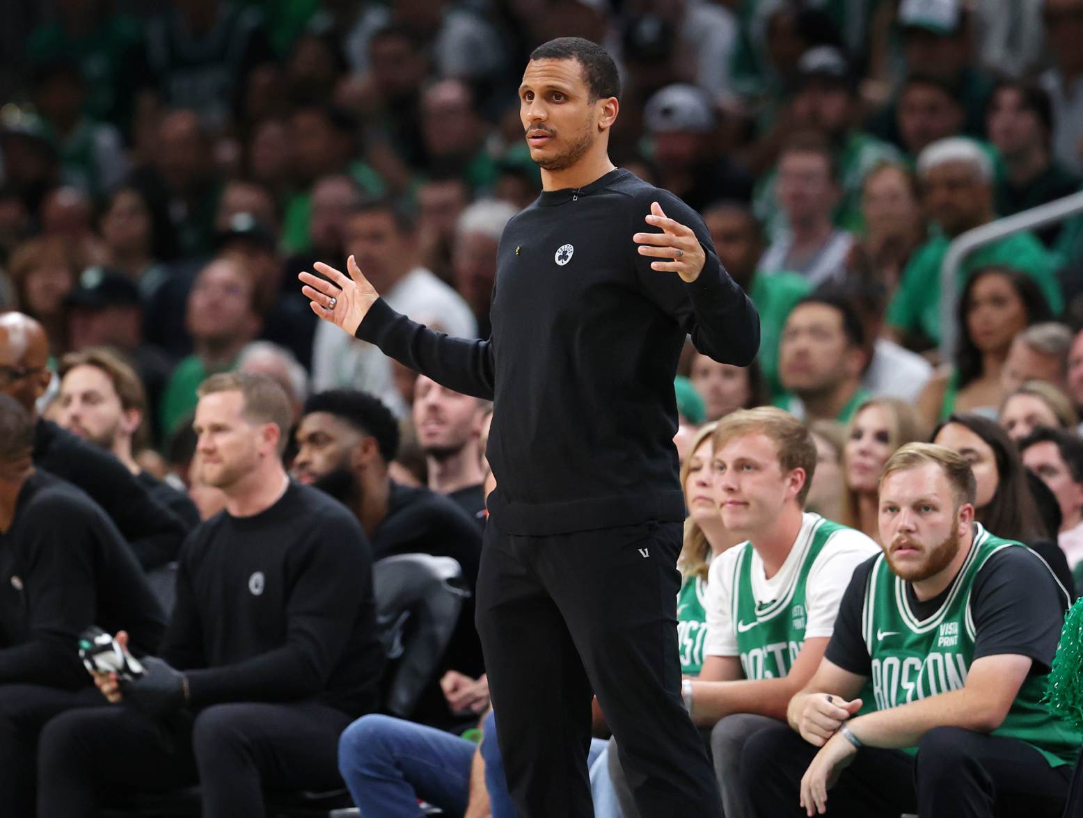 Jun 17, 2024; Boston, Massachusetts, USA; Boston Celtics head coach Joe Mazzulla reacts after a play against the Dallas Mavericks during the second quarter in game five of the 2024 NBA Finals at TD Garden. Credit: Peter Casey-USA TODAY Sports