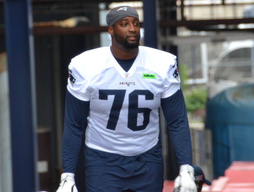 Calvin Anderson takes the field at Patriots training camp (Jake Seymour/98.5 The Sports Hub)