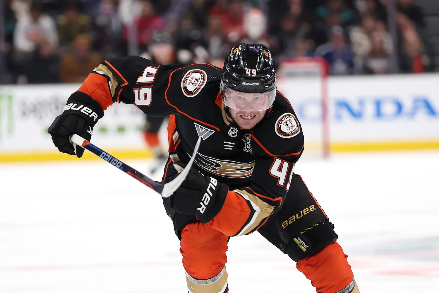 ANAHEIM, CALIFORNIA - JANUARY 03: Max Jones #49 of the Anaheim Ducks skates up ice during the second period of a game against the Toronto Maple Leafs at Honda Center on January 03, 2024 in Anaheim, California. (Photo by Sean M. Haffey/Getty Images)