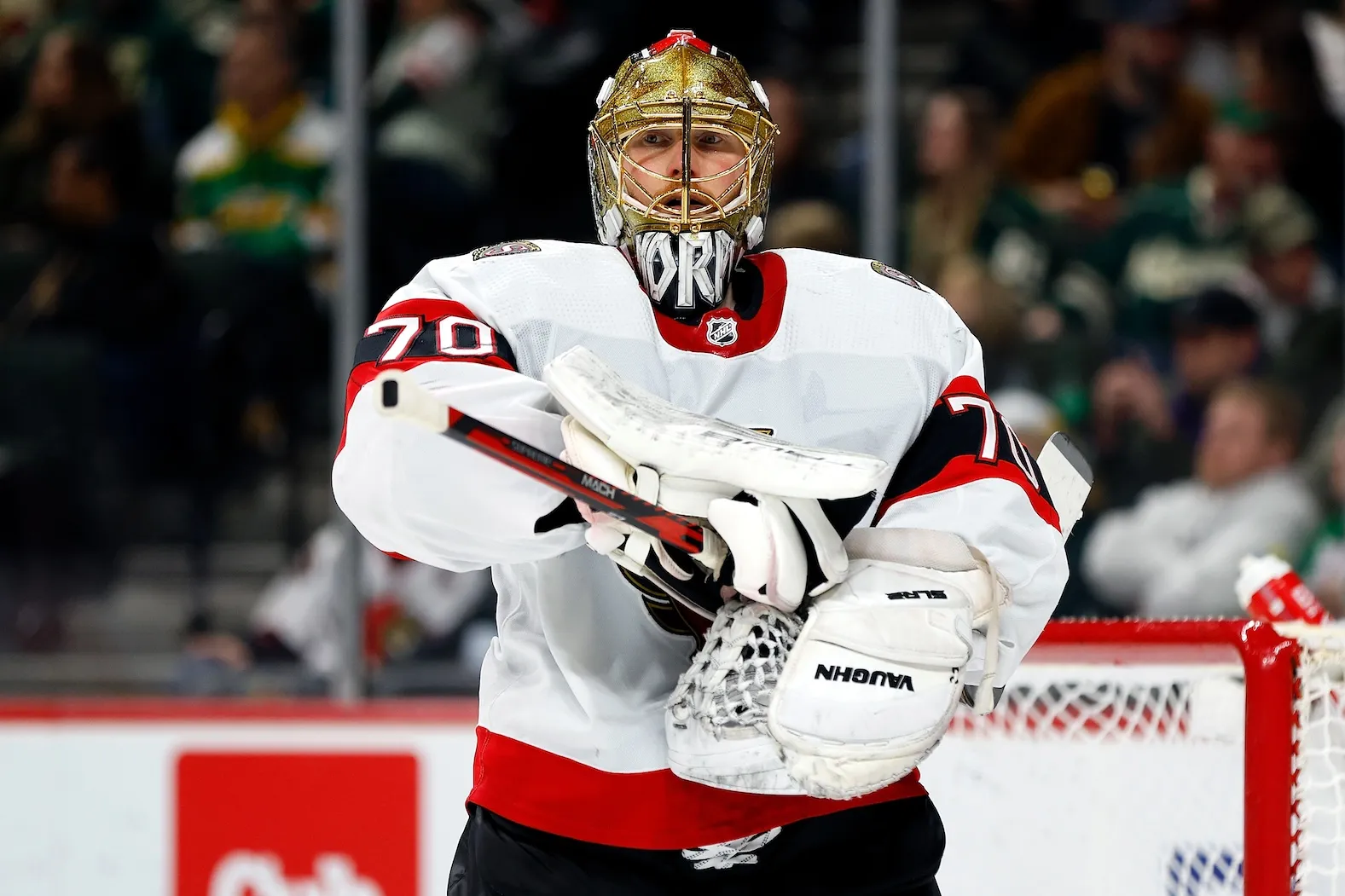 ST PAUL, MINNESOTA - APRIL 02: Joonas Korpisalo #70 of the Ottawa Senators looks on against the Minnesota Wild in the second period at Xcel Energy Center on April 02, 2024 in St Paul, Minnesota. The Wild defeated the Senators 3-2. (Photo by David Berding/Getty Images)