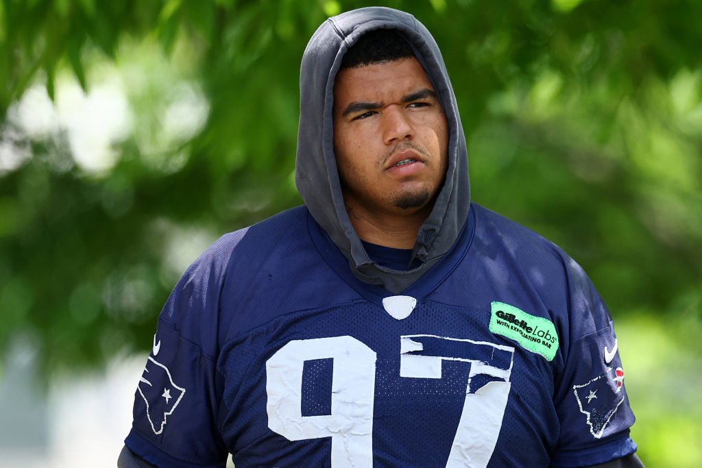 FOXBOROUGH, MASSACHUSETTS - MAY 29: Trysten Hill #97 of the New England Patriots walks to the field during the New England Patriots OTA Offseason Workout on May 29, 2024 in Foxborough, Massachusetts. (Photo by Maddie Meyer/Getty Images)