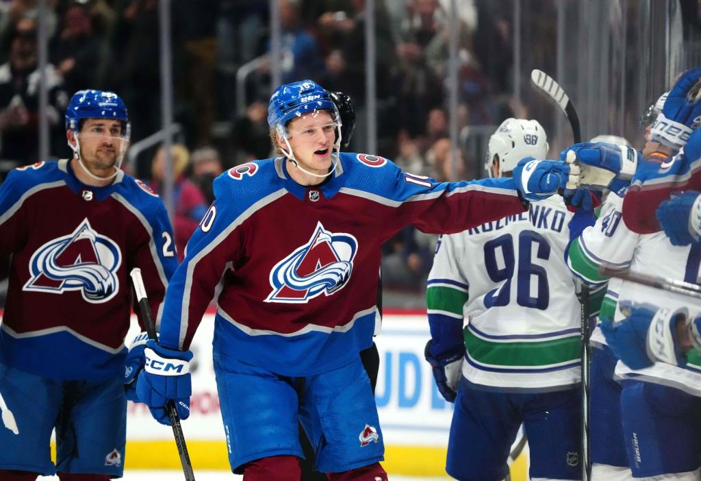 Nov 22, 2023; Denver, Colorado, USA; Colorado Avalanche forward Riley Tufte (10) celebrates his goal in the third period against the Colorado Avalanche at Ball Arena. Mandatory Credit: Ron Chenoy-USA TODAY Sports