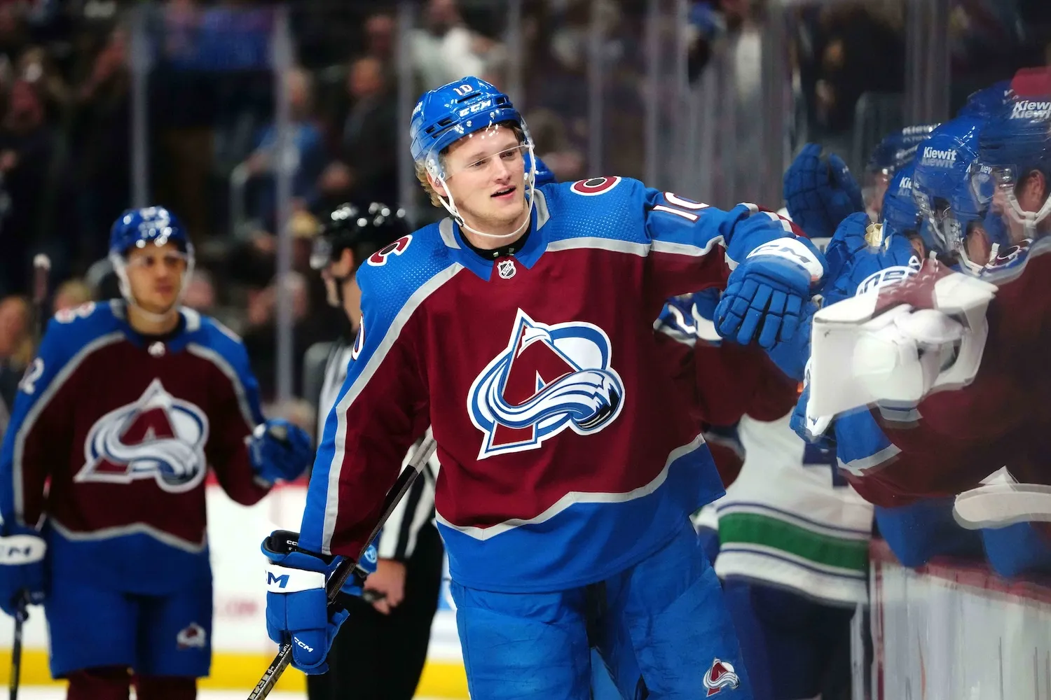 Nov 22, 2023; Denver, Colorado, USA; Colorado Avalanche forward Riley Tufte (10) celebrates his goal in the third period against the Colorado Avalanche at Ball Arena. Mandatory Credit: Ron Chenoy-USA TODAY Sports