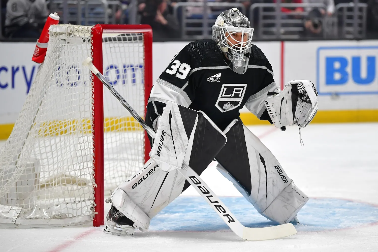 Apr 18, 2024; Los Angeles, California, USA; Los Angeles Kings goaltender Cam Talbot (39) defends the goal against the Chicago Blackhawks during the first period at Crypto.com Arena. Mandatory Credit: Gary A. Vasquez-USA TODAY Sports