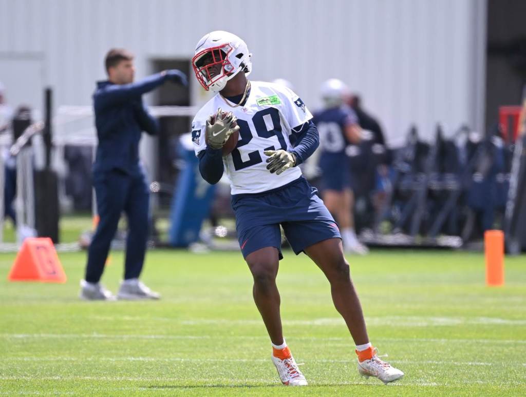 May 11, 2024; Foxborough, MA, USA; New England Patriots running back Terrell Jennings (29) makes a catch at the New England Patriots rookie camp at Gillette Stadium. Credit: Eric Canha-USA TODAY Sports