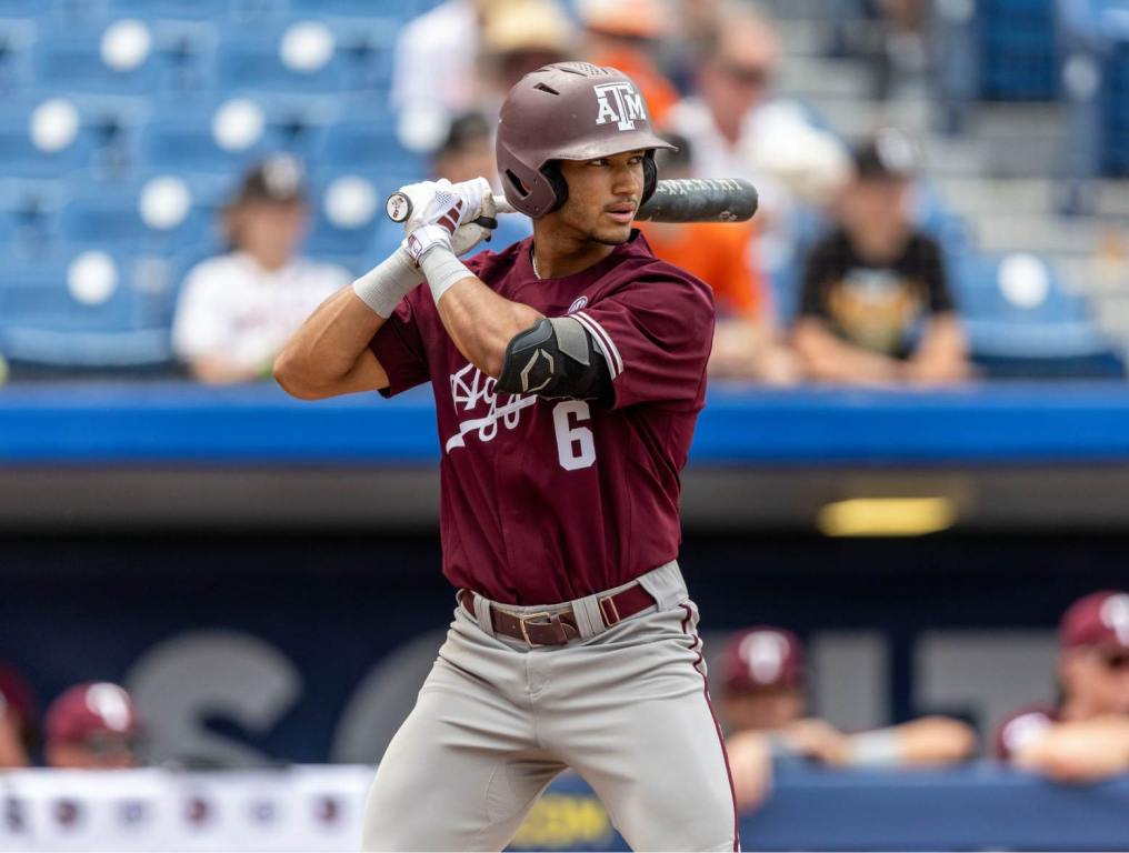 May 23, 2024; Hoover, AL, USA; Texas A&M Aggies outfielder Braden Montgomery (6) bats against the Tennessee Volunteers during the SEC Baseball Tournament at Hoover Metropolitan Stadium. Credit: Vasha Hunt-USA TODAY Sports