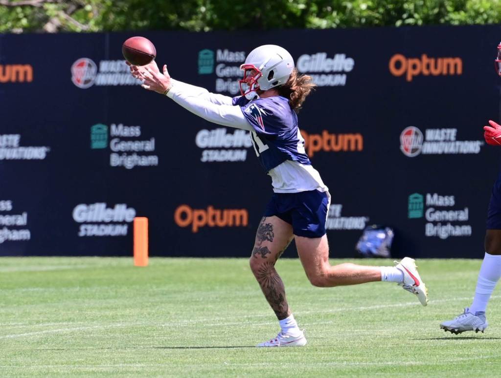 Jun 10, 2024; Foxborough, MA, USA; New England Patriots safety Brenden Schooler (41) makes a catch at minicamp at Gillette Stadium. Credit: Eric Canha-USA TODAY Sports