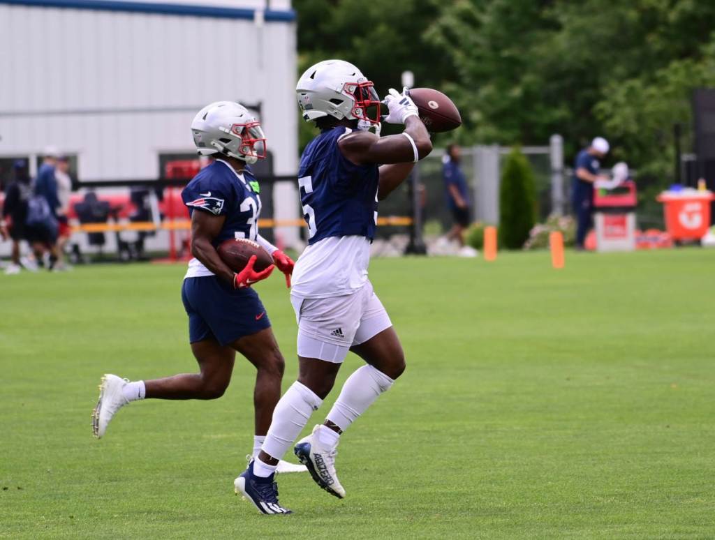 Jun 12, 2024; Foxborough, MA, USA;  New England Patriots safety Jabrill Peppers (5) makes a catch at minicamp at Gillette Stadium. Credit: Eric Canha-USA TODAY Sports