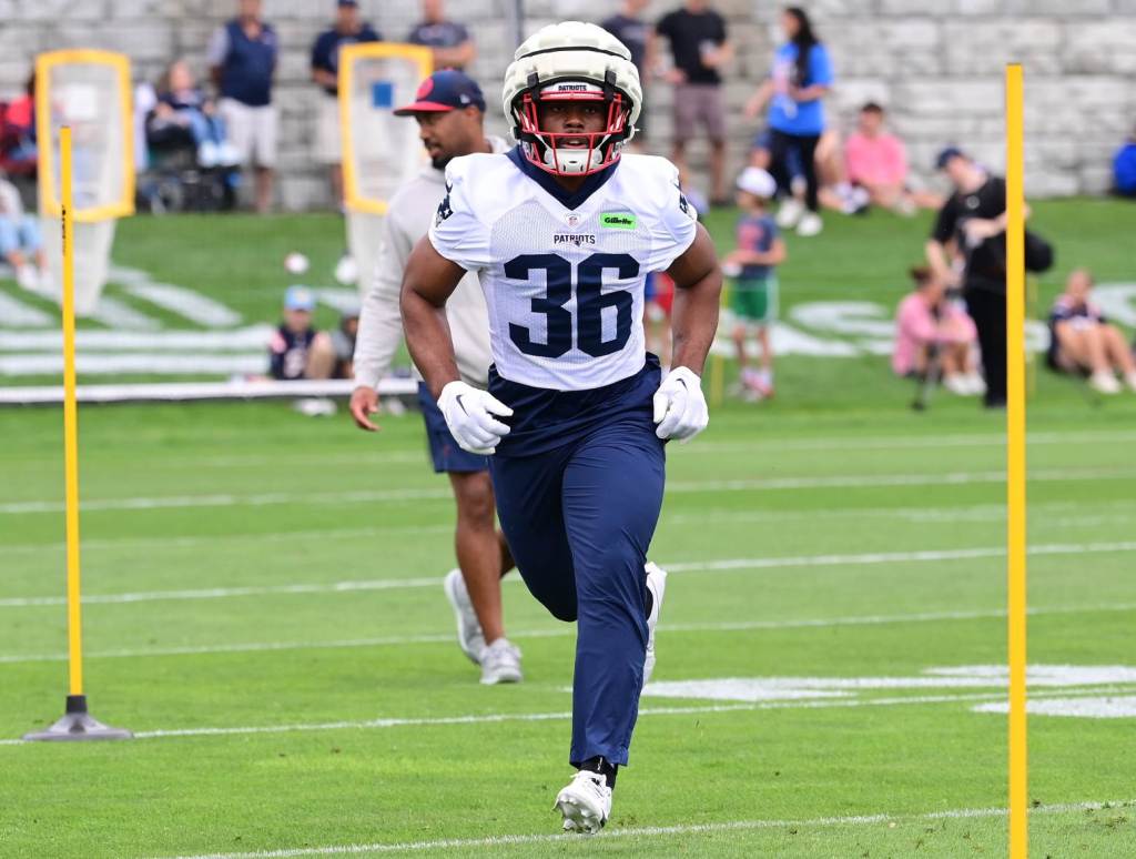 Jul 24, 2024; Foxborough, MA, USA; New England Patriots running back Kevin Harris (36) runs through a drill during training camp at Gillette Stadium. Credit: Eric Canha-USA TODAY Sports