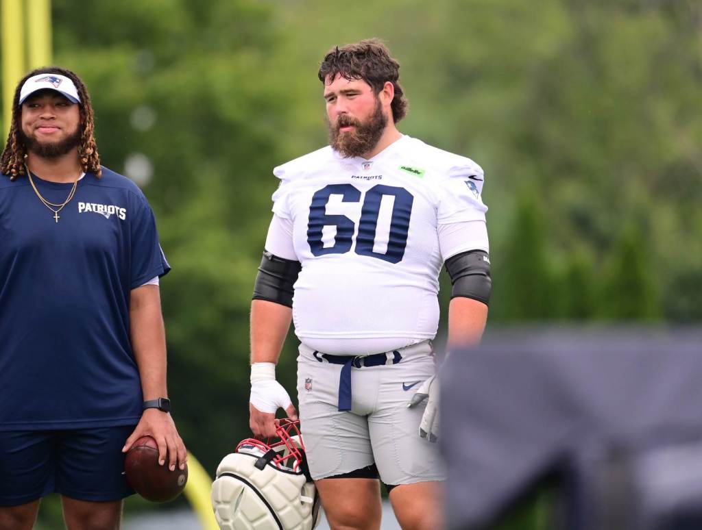 Jul 24, 2024; Foxborough, MA, USA; New England Patriots center David Andrews (60) waits for a drill to start during training camp at Gillette Stadium. Credit: Eric Canha-USA TODAY Sports award winners