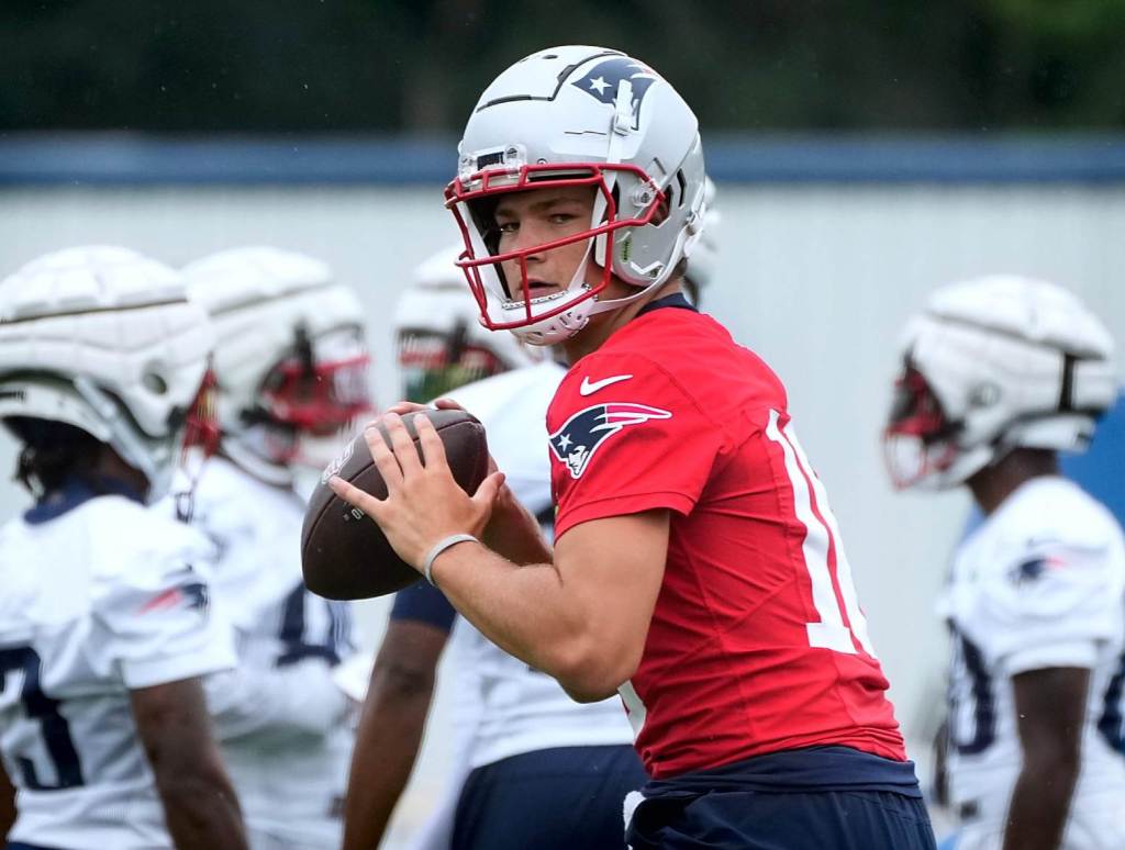 Patriots quarterback Drake Maye at first day of training camp Wednesday morning. (Kris Craig/The Providence Journal/USA Today Network)