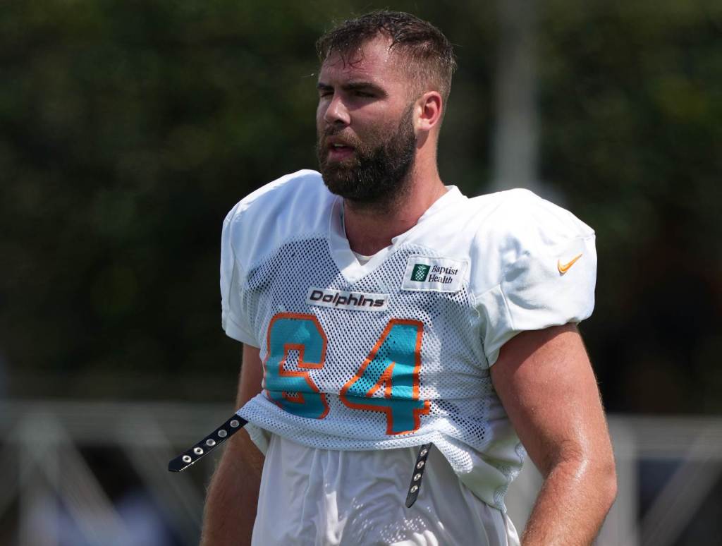 Aug 3, 2022; Miami Gardens, Florida, US; Miami Dolphins offensive lineman Kellen Diesch (64) walks on the field during training camp at Baptist Health Training Complex. Credit: Jasen Vinlove-USA TODAY Sports Patriots roster