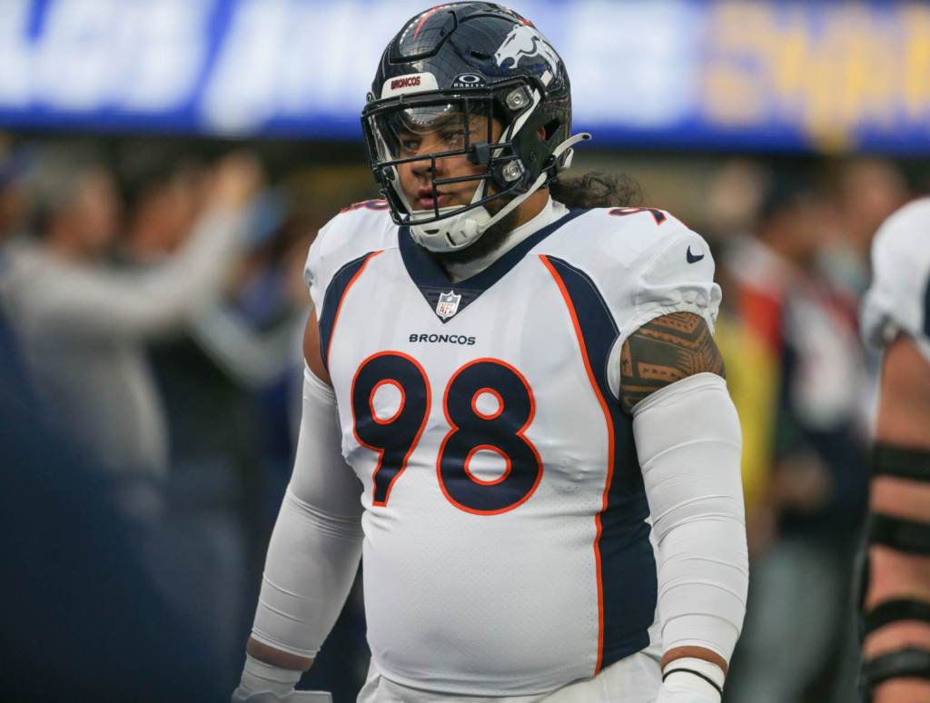 Dec 10, 2023; Inglewood, California, USA; Denver Broncos defensive linesmen Mike Purcell (98) during pregame in a game against the Los Angeles Rams at SoFi Stadium. Credit: Yannick Peterhans-USA TODAY Sports