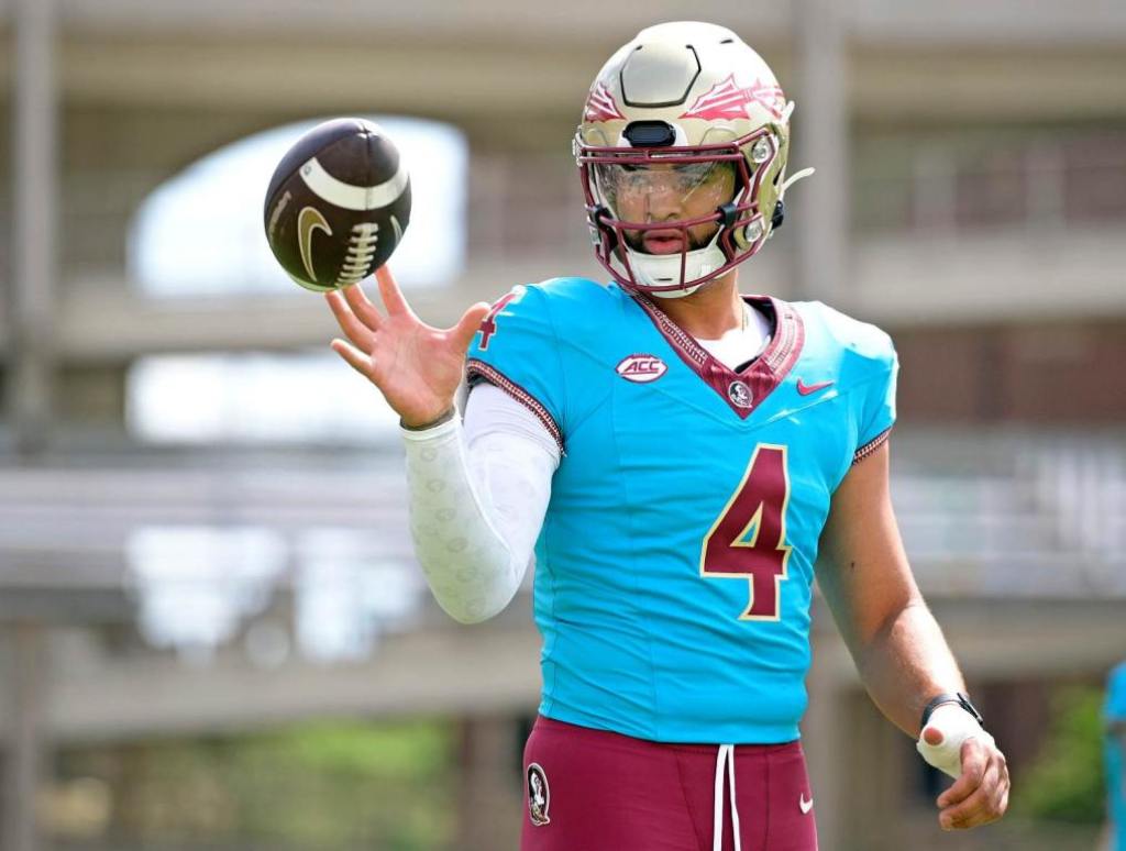 Apr 20, 2024; Tallahassee, Florida, USA; Florida State Seminoles quarterback DJ Uiagalelei (4) during the Spring Showcase at Doak S. Campbell Stadium. Credit: Melina Myers-USA TODAY Sports