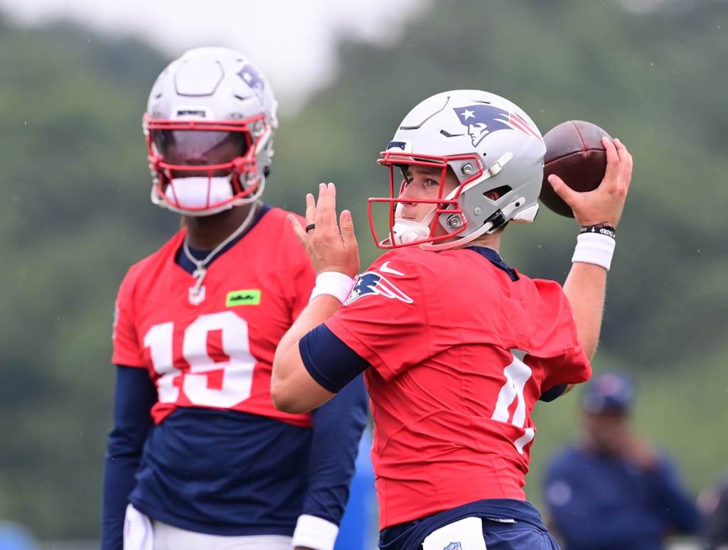 Jul 24, 2024; Foxborough, MA, USA;  New England Patriots quarterback Bailey Zappe (4) throws a pass during training camp at Gillette Stadium. Credit: Eric Canha-USA TODAY Sports