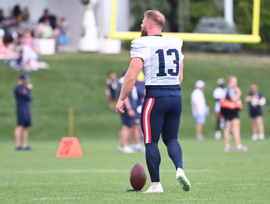 Aug 03, 2024; Foxborough, MA, USA; New England Patriots place kicker Joey Slye (13) lines up a kick during training camp at Gillette Stadium. Credit: Eric Canha-USA TODAY Sports