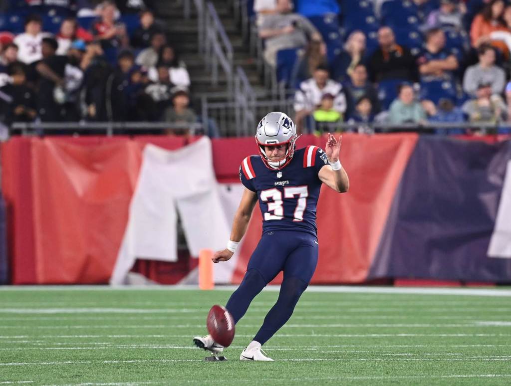 August 8, 2024; Foxborough, MA, USA; New England Patriots kicker Chad Rylan (37) kicks the all away during the second half against the Carolina Panthers at Gillette Stadium. Credit: Eric Canha-USA TODAY Sports