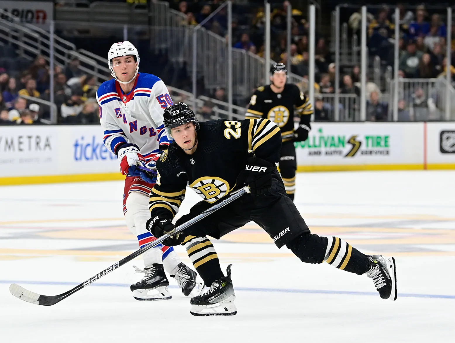 Sep 24, 2023; Boston, Massachusetts, USA; Boston Bruins right wing Fabian Lysell (23) blocks a pass during the third period against the New York Rangers at TD Garden. Mandatory Credit: Eric Canha-USA TODAY Sports