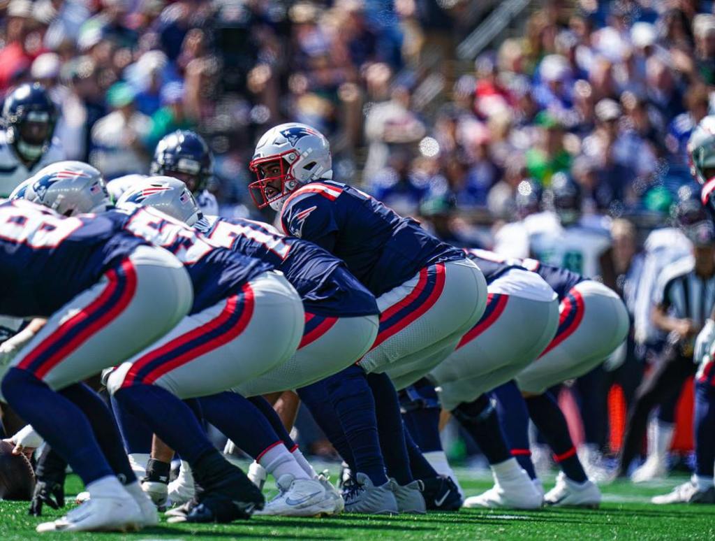 Sep 15, 2024; Foxborough, Massachusetts, USA; New England Patriots quarterback Jacoby Brissett (7) at the line against the Seattle Seahawks in the first quarter at Gillette Stadium. Mandatory Credit: David Butler II-Imagn Images