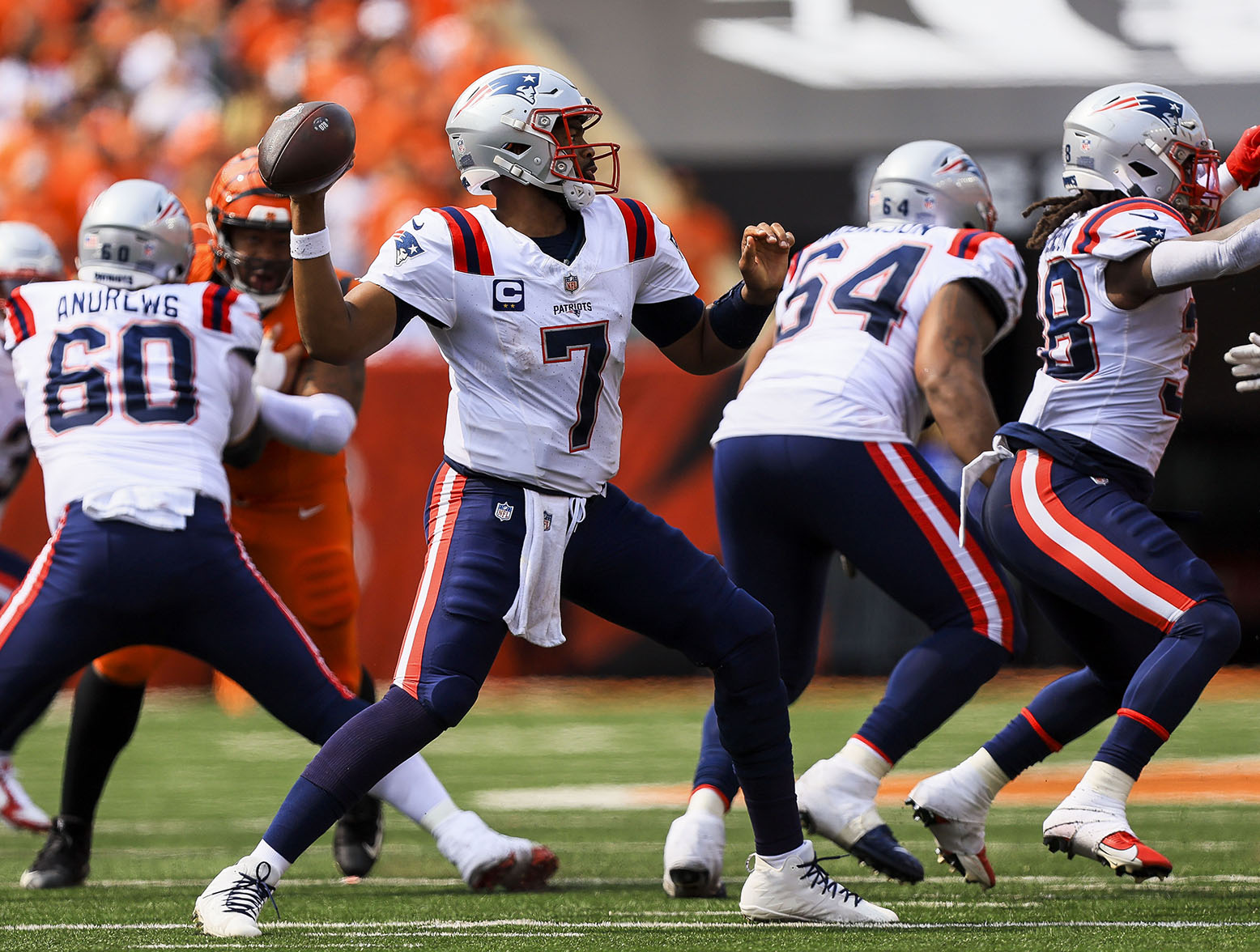 Sep 8, 2024; Cincinnati, Ohio, USA; New England Patriots quarterback Jacoby Brissett (7) throws a pass against the Cincinnati Bengals in the second half at Paycor Stadium. Mandatory Credit: Katie Stratman-Imagn Images