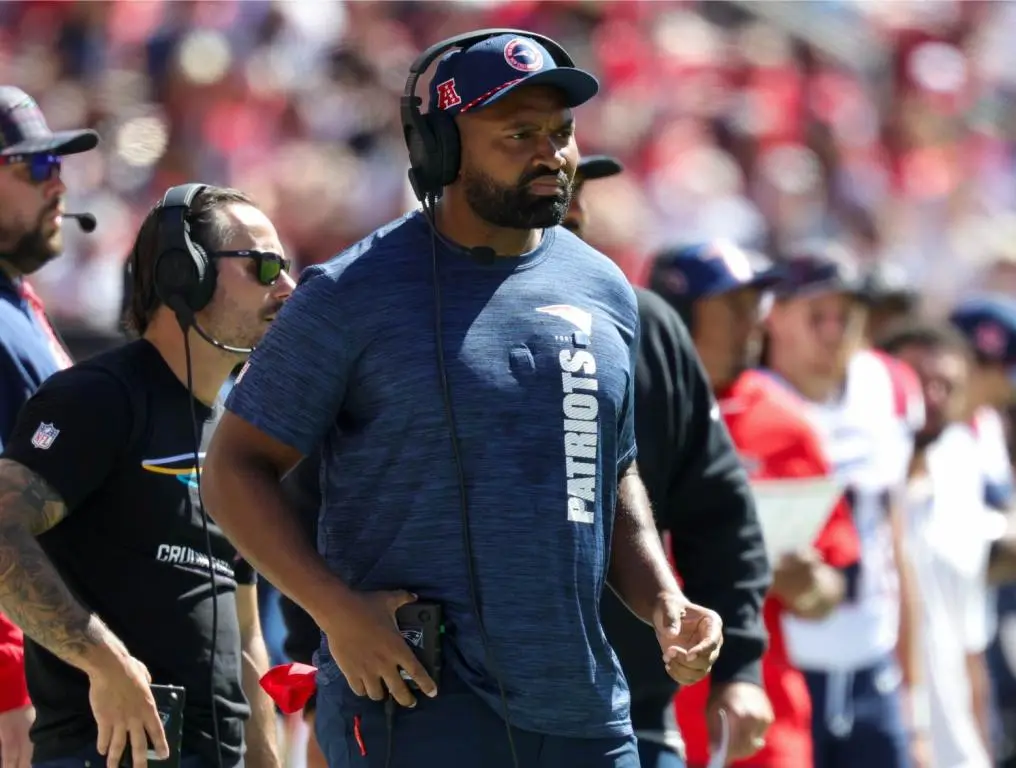 Sep 29, 2024; Santa Clara, California, USA; New England Patriots head coach Jerod Mayo looks on during the first quarter against the San Francisco 49ers at Levi's Stadium. Credit: Sergio Estrada-Imagn Images