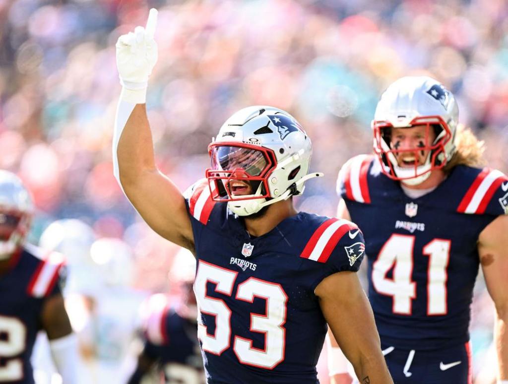 Oct 6, 2024; Foxborough, Massachusetts, USA; New England Patriots linebacker Christian Elliss (53) reacts after making a tackle against the Miami Dolphins during the first half at Gillette Stadium. Mandatory Credit: Brian Fluharty-Imagn Images