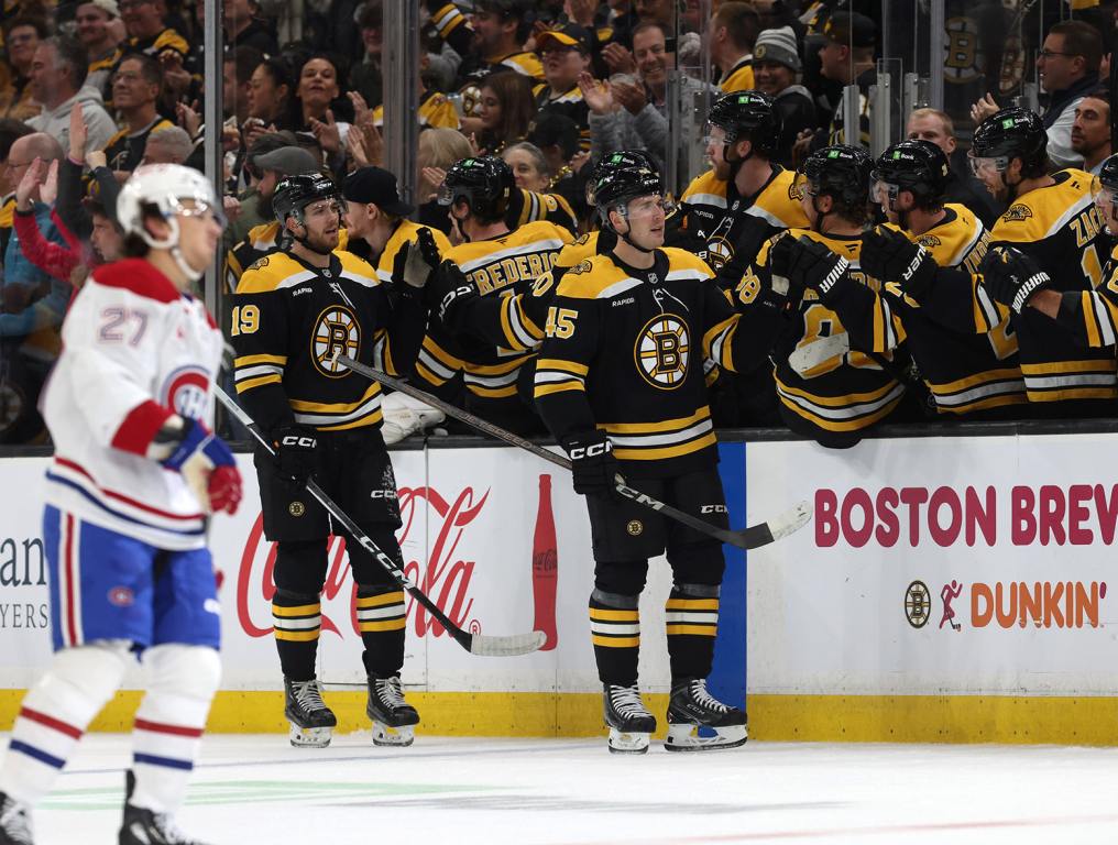 BOSTON, MASSACHUSETTS - OCTOBER 10: Cole Koepke #45 of the Boston Bruins celebrates his goal against the Montreal Canadiens during the second period at the TD Garden on October 10, 2024 in Boston, Massachusetts. (Photo by Rich Gagnon/Getty Images)