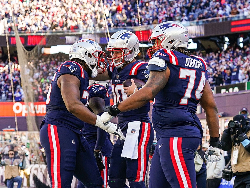 Oct 27, 2024; Foxborough, Massachusetts, USA; New England Patriots quarterback Drake Maye (10) reacts after his touchdown run against the New York Jets in the first quarter at Gillette Stadium. Mandatory Credit: David Butler II-Imagn Images