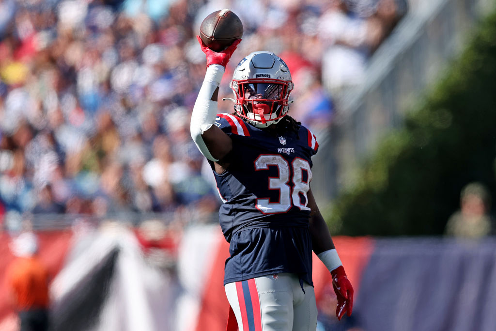 FOXBOROUGH, MASSACHUSETTS - SEPTEMBER 15: Rhamondre Stevenson #38 of the New England Patriots reacts during the third quarter against the Seattle Seahawks at Gillette Stadium on September 15, 2024 in Foxborough, Massachusetts. (Photo by Adam Glanzman/Getty Images)