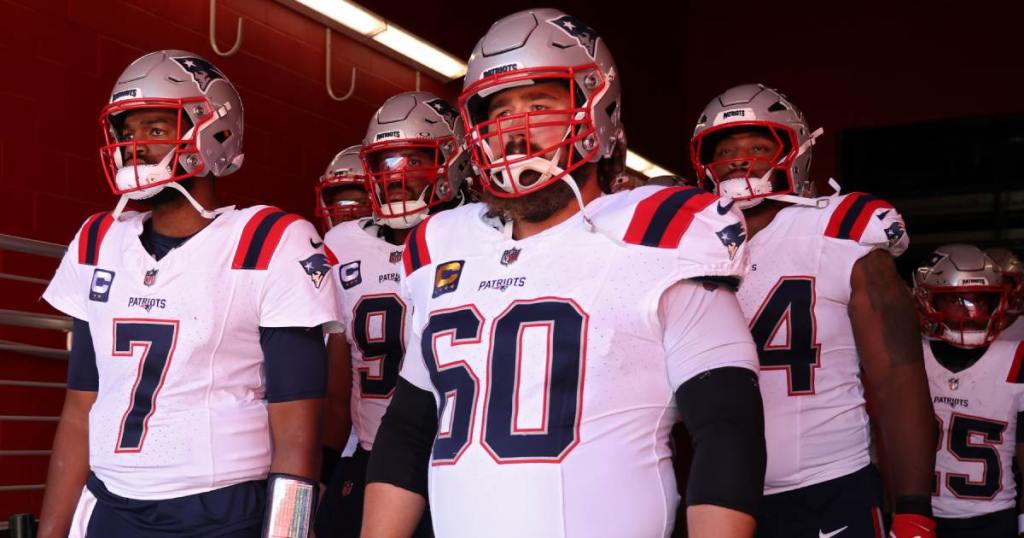 SANTA CLARA, CALIFORNIA - SEPTEMBER 29: Jacoby Brissett #7 and David Andrews #60 of the New England Patriots wait in the tunnel before the game against the San Francisco 49ers at Levi's Stadium on September 29, 2024 in Santa Clara, California. (Photo by Ezra Shaw/Getty Images)