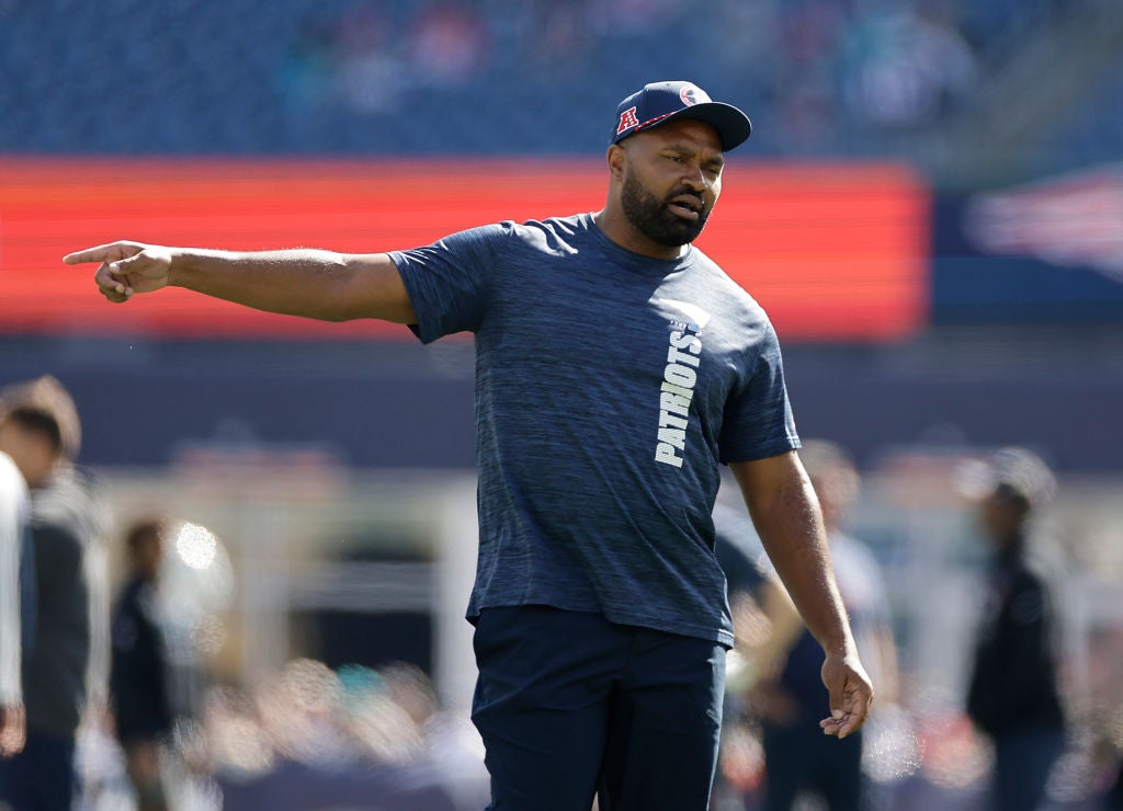 FOXBOROUGH, MASSACHUSETTS - OCTOBER 06: Head coach Jerod Mayo of the New England Patriots looks on prior to a game against the Miami Dolphins at Gillette Stadium on October 06, 2024 in Foxborough, Massachusetts. (Photo by Adam Hunger/Getty Images)