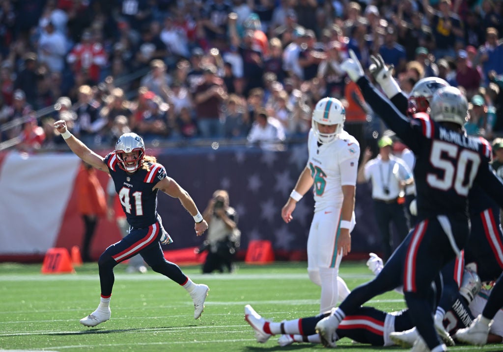 FOXBOROUGH, MASSACHUSETTS - OCTOBER 06: Brenden Schooler #41 of the New England Patriots reacts during the first half against the Miami Dolphins at Gillette Stadium on October 06, 2024 in Foxborough, Massachusetts. (Photo by Jaiden Tripi/Getty Images)