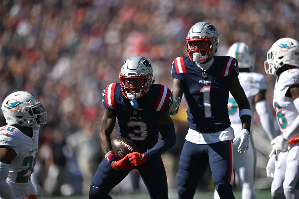 FOXBOROUGH, MASSACHUSETTS - OCTOBER 06: DeMario Douglas #3 of the New England Patriots reacts after a catch during the first half against the Miami Dolphins at Gillette Stadium on October 06, 2024 in Foxborough, Massachusetts. (Photo by Jaiden Tripi/Getty Images)