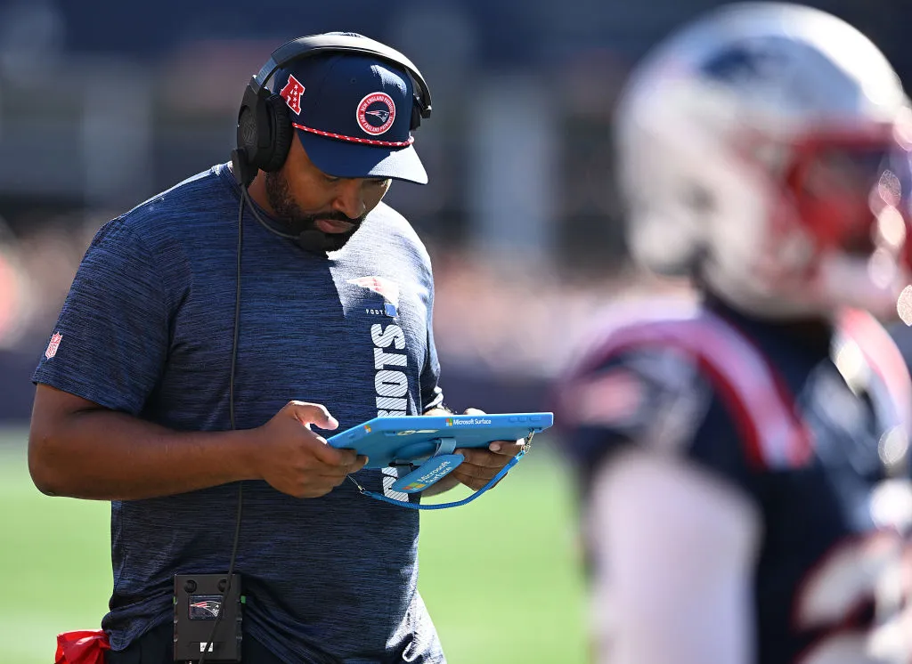 FOXBOROUGH, MASSACHUSETTS - OCTOBER 06: Head coach Jerod Mayo of the New England Patriots looks on during the second half against the Miami Dolphins at Gillette Stadium on October 06, 2024 in Foxborough, Massachusetts. (Photo by Jaiden Tripi/Getty Images)