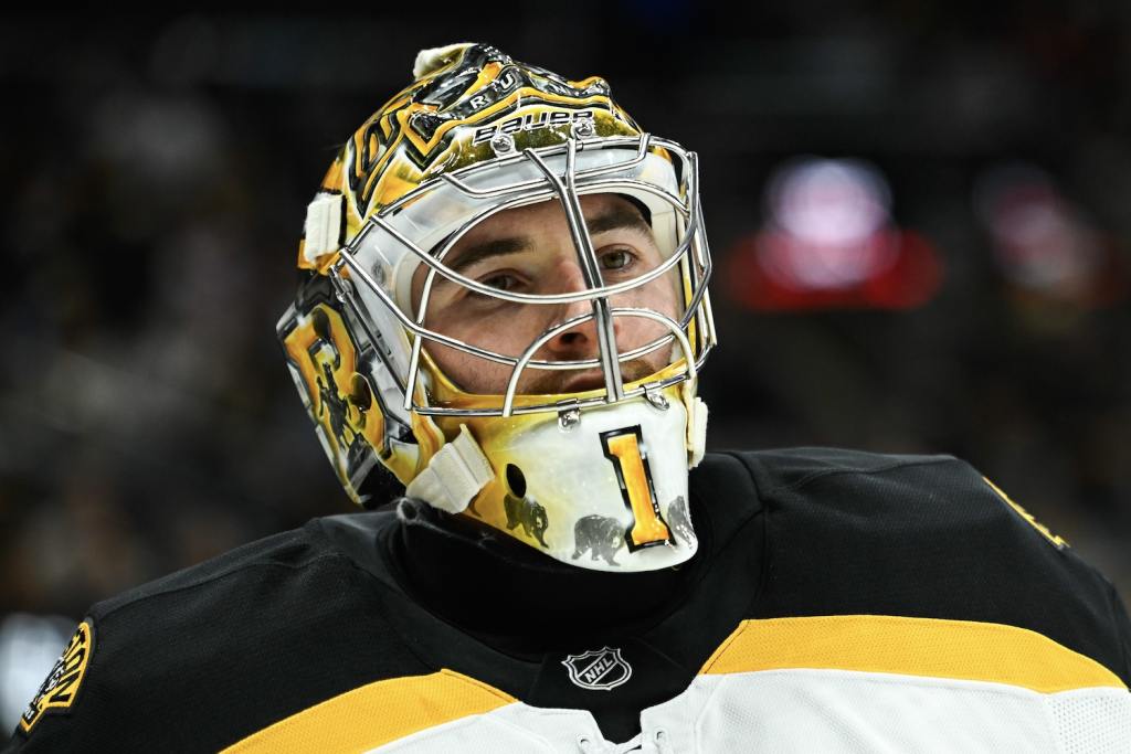 SALT LAKE CITY, UTAH - OCTOBER 19: Jeremy Swayman #1 of the Boston Bruins looks on during the first period of a game against the Utah Hockey Club at Delta Center on October 19, 2024 in Salt Lake City, Utah. (Photo by Alex Goodlett/Getty Images)