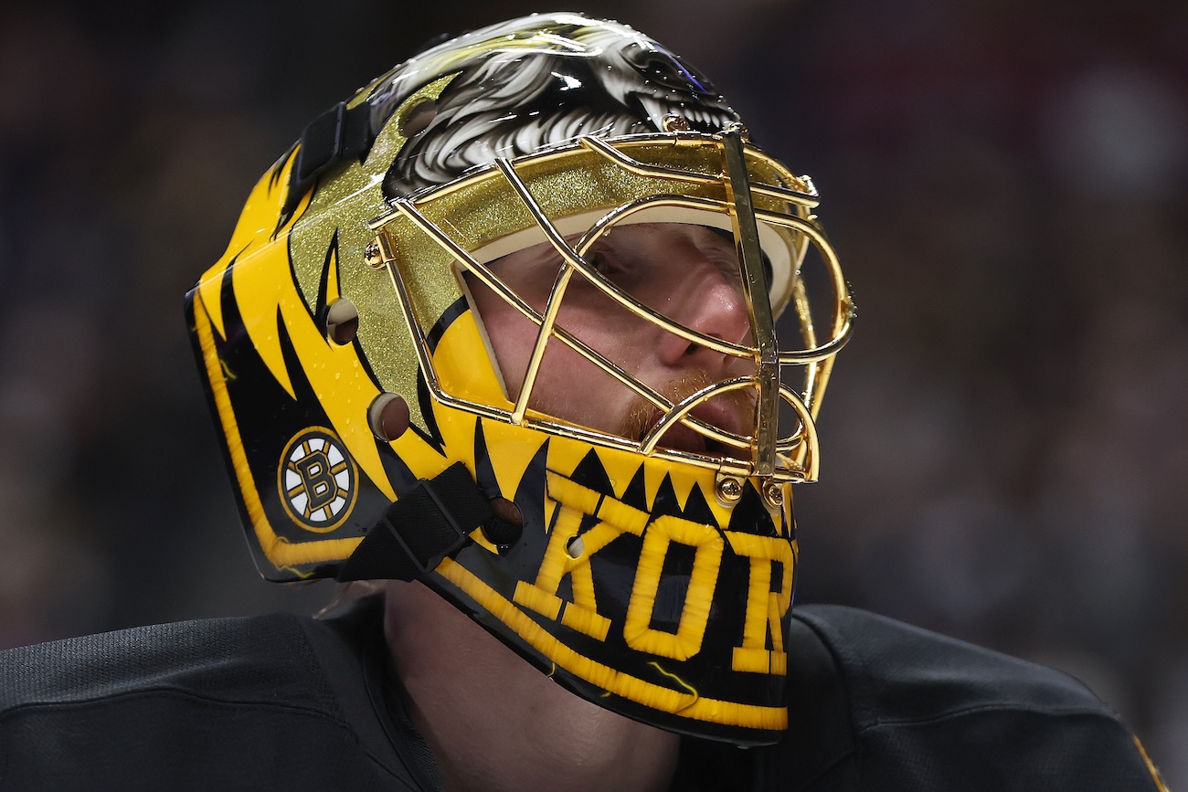 DENVER, COLORADO - OCTOBER 16: Joonas Korpisalo #70 of the Boston Bruins tends goal against the Colorado Avalanche in the second period at Ball Arena on October 16, 2024 in Denver, Colorado. (Photo by Matthew Stockman/Getty Images)