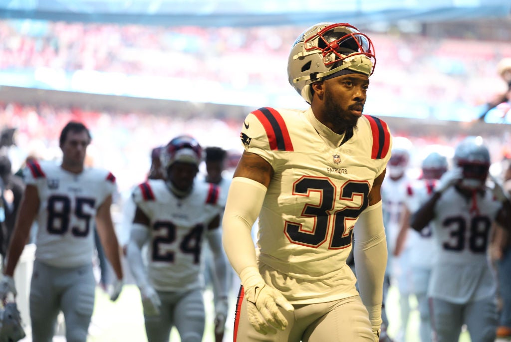 LONDON, ENGLAND - OCTOBER 20: Ochaun Mathis of New England Patriots leaves the pitch prior to the NFL match between New England Patriots and Jacksonville Jaguars at Wembley Stadium on October 20, 2024 in London, England. (Photo by Richard Heathcote/Getty Images)