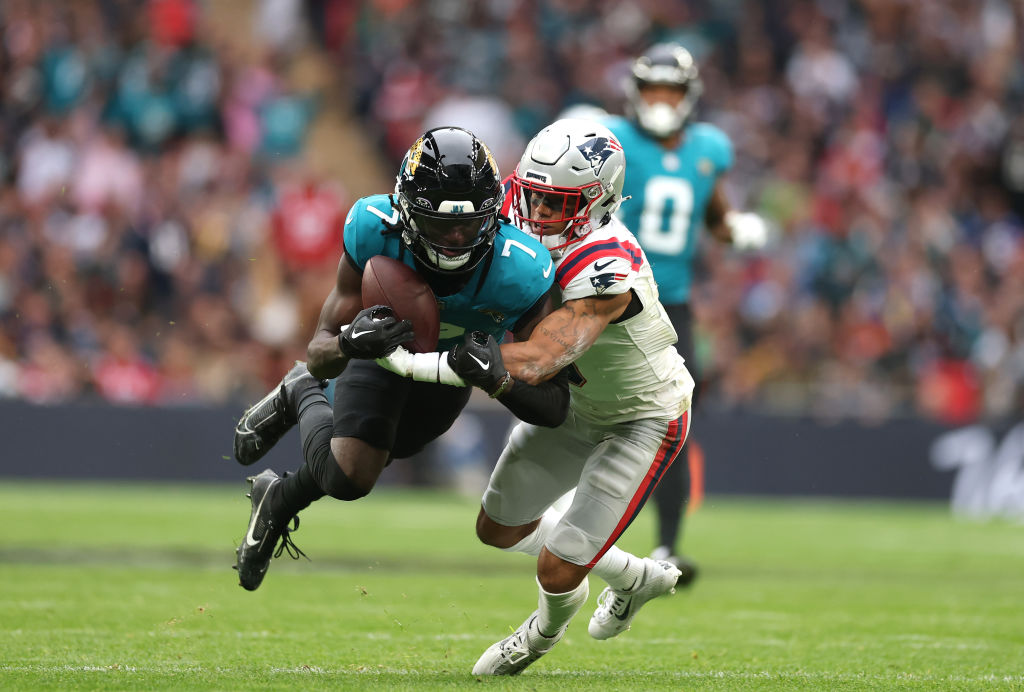 LONDON, ENGLAND - OCTOBER 20: Brian Thomas Jr of Jacksonville Jaguars makes a first down catch during the NFL match between New England Patriots and Jacksonville Jaguars at Wembley Stadium on October 20, 2024 in London, England. (Photo by Richard Heathcote/Getty Images)