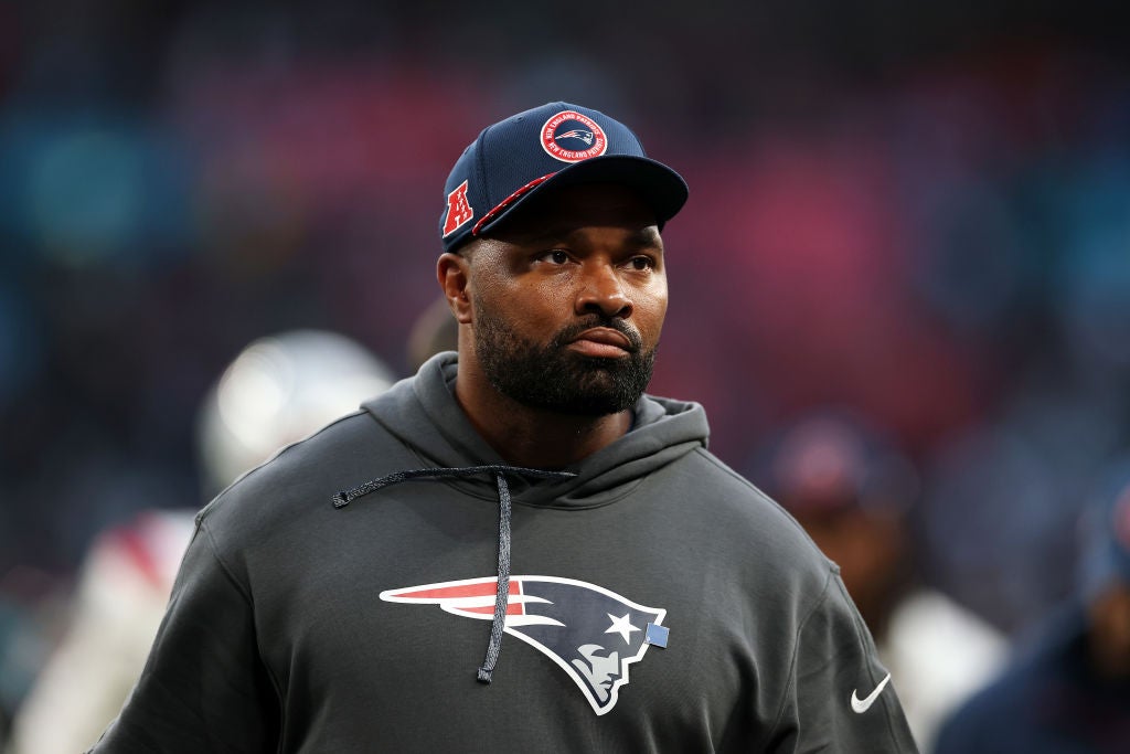 LONDON, ENGLAND - OCTOBER 20: Jerod Mayo of New England Patriots looks on after the NFL match between New England Patriots and Jacksonville Jaguars at Wembley Stadium on October 20, 2024 in London, England. (Photo by Richard Heathcote/Getty Images)