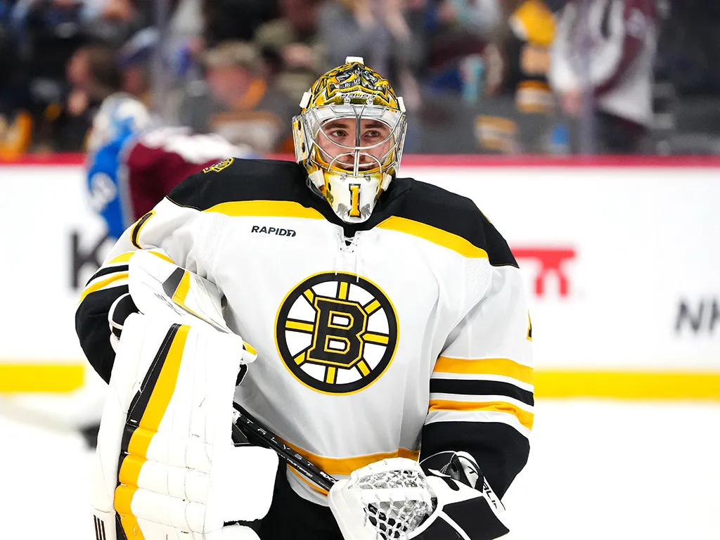 Oct 16, 2024; Denver, Colorado, USA; Boston Bruins goaltender Jeremy Swayman (1) before the game against the Colorado Avalanche at Ball Arena. Mandatory Credit: Ron Chenoy-Imagn Images