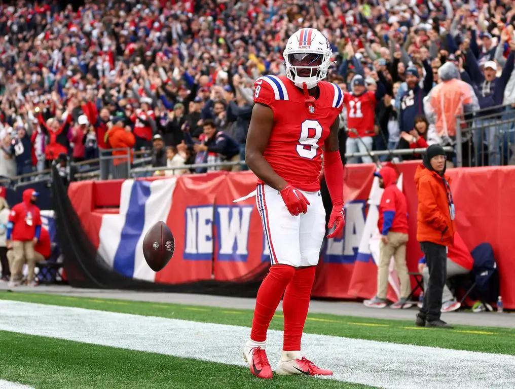 FOXBOROUGH, MASSACHUSETTS - OCTOBER 13: Kayshon Boutte #9 of the New England Patriots celebrates after scoring a touchdown against the Houston Texans during the second quarter at Gillette Stadium on October 13, 2024 in Foxborough, Massachusetts. (Photo by Maddie Meyer/Getty Images)