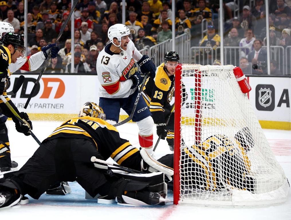 BOSTON, MASSACHUSETTS - OCTOBER 14: Sam Reinhart #13 of the Florida Panthers celebrates after scoring against Jeremy Swayman #1 of the Boston Bruins during the second period at TD Garden on October 14, 2024 in Boston, Massachusetts. (Photo by Maddie Meyer/Getty Images)