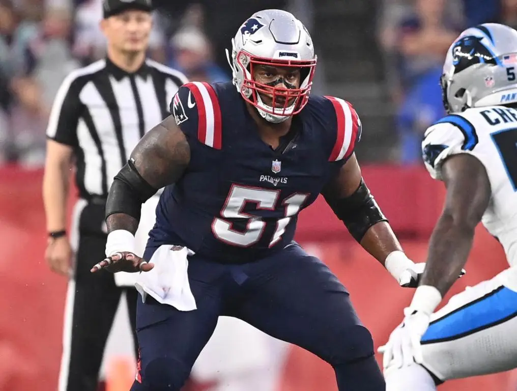 August 8, 2024; Foxborough, MA, USA; New England Patriots guard Nick Leverett (51) protects the line against the Carolina Panthers during the first half at Gillette Stadium. Credit: Eric Canha-USA TODAY Sports