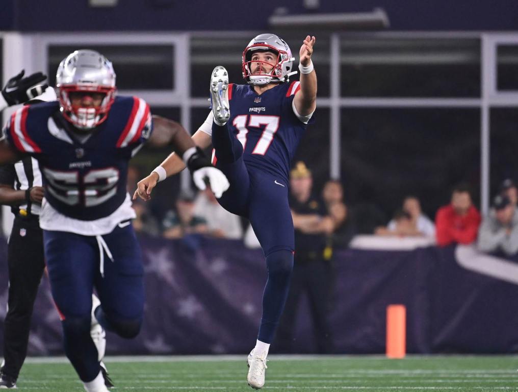 Aug 15, 2024; Foxborough, MA, USA; New England Patriots punter Bryce Baringer (17) punts the ball during the second half against the Philadelphia Eagles at Gillette Stadium. Credit: Eric Canha-USA TODAY Sports