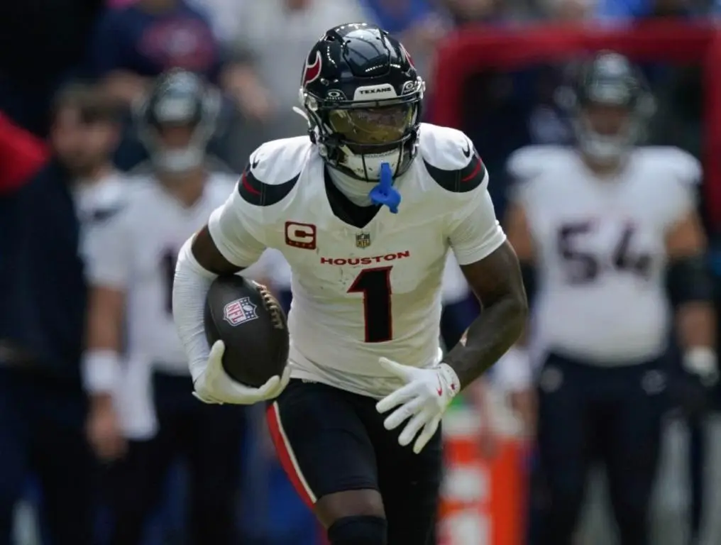 Sep 8, 2024; Indianapolis, Indiana, USA; Houston Texans wide receiver Stefon Diggs (1) runs with the ball at Lucas Oil Stadium. Credit: Grace Hollars-USA TODAY Network via Imagn Images